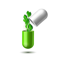 Image showing Green natural medical pill with green leaves. Pharmaceutical vector symbol with leaf for pharmastore