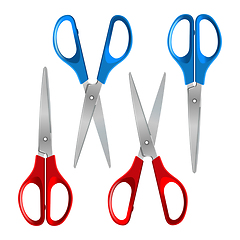 Image showing Scissors with red and blue plastic handles, open and closed, isolated on white