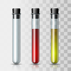 Image showing Set of transparent glass chemical laboratory test tubes empty and with red and yellow liquid.