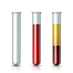 Image showing Set of glassware tube empty, filled blood and Fractioned blood in vitro, plasma and layers red blood cells.