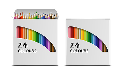 Image showing Set of Vector realistic boxes of colored pencils isolated on white background.