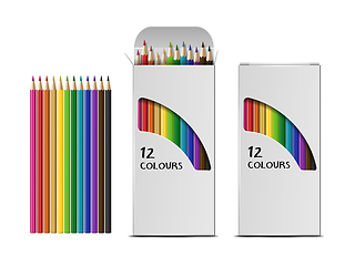 Image showing Set of Vector realistic boxes of colored pencils isolated on white background.