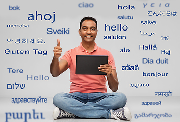 Image showing happy indian man with tablet pc showing thumbs up