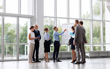 Image showing business team with scheme on flip chart at office