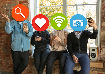 Image showing Creative millenial people connecting and sharing social media. Modern UI icons as heads