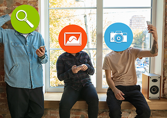 Image showing Creative millenial people connecting and sharing social media. Modern UI icons as heads