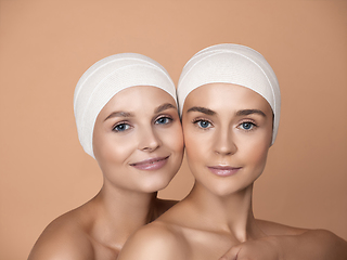 Image showing Portrait of beautiful young women isolated on brown studio background