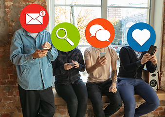 Image showing Creative millenial people connecting and sharing social media. Modern UI icons as heads