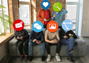 Image showing Creative millenial people connecting and sharing social media. Modern UI icons as heads