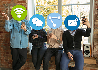 Image showing Creative millenial people connecting and sharing social media. Modern UI icons as heads