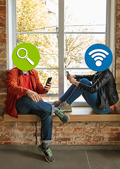 Image showing Creative millenial people connecting and sharing social media. Modern UI icons as heads