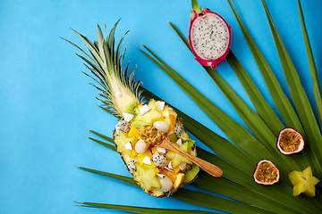 Image showing mix of exotic fruits in pineapple with spoon