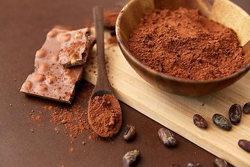 Image showing chocolate with hazelnuts, cocoa beans and powder