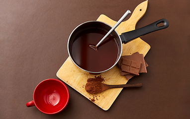 Image showing pot with hot chocolate, mug and cocoa powder