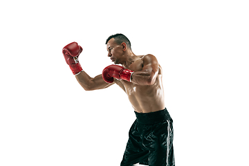 Image showing Full length portrait of muscular sportsman with prosthetic leg, copy space. Male boxer in red gloves.