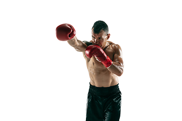 Image showing Full length portrait of muscular sportsman with prosthetic leg, copy space. Male boxer in red gloves.