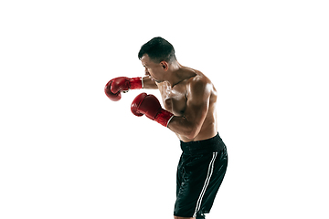 Image showing Full length portrait of muscular sportsman with prosthetic leg, copy space. Male boxer in red gloves.