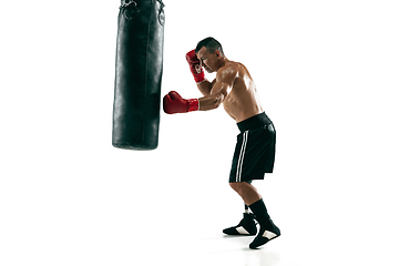 Image showing Full length portrait of muscular sportsman with prosthetic leg, copy space. Male boxer in red gloves.