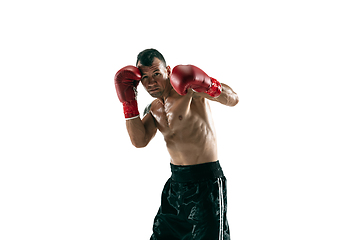 Image showing Full length portrait of muscular sportsman with prosthetic leg, copy space. Male boxer in red gloves.