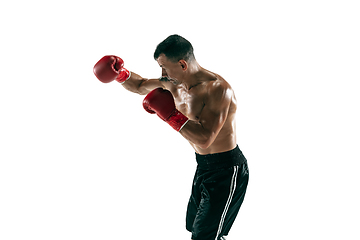 Image showing Full length portrait of muscular sportsman with prosthetic leg, copy space. Male boxer in red gloves.