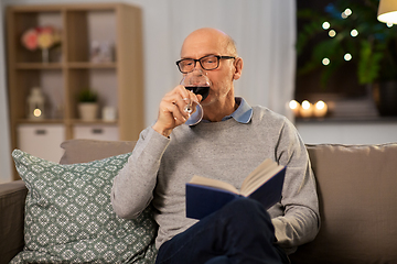 Image showing senior man with book drinking red wine at home