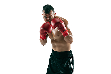 Image showing Full length portrait of muscular sportsman with prosthetic leg, copy space. Male boxer in red gloves.