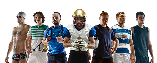 Image showing Collage of different professional sportsmen, fit people in action and motion isolated on white background. Flyer.