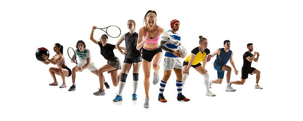 Image showing Collage of different professional sportsmen, fit people in action and motion isolated on white background. Flyer.