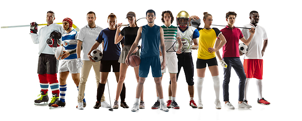 Image showing Collage of 10 different professional sportsmen, fit people in action and motion isolated on white background. Flyer.