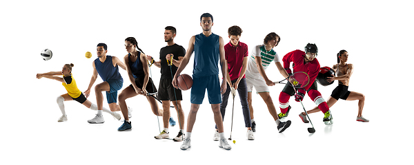 Image showing Collage of 8 different professional sportsmen, fit people in act