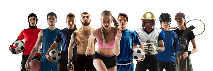 Image showing Collage of 8 different professional sportsmen, fit people in action and motion isolated on white background. Flyer.