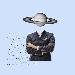 Image showing Modern design, contemporary art collage. Inspiration, idea, trendy urban magazine style. Businessman with planet insted head on geometrical background