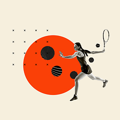 Image showing Modern design, contemporary art collage. Inspiration, idea, trendy urban magazine style. Female tennis player on geometrical background