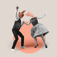 Image showing Modern design, contemporary art collage. Inspiration, idea, trendy urban magazine style. Couple headed with hands dancing on geometrical background