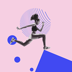 Image showing Modern design, contemporary art collage. Inspiration, idea, trendy urban magazine style. African athlete, runner on geometrical background