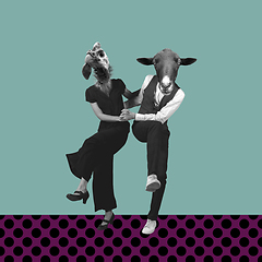 Image showing Modern design, contemporary art collage. Inspiration, idea, trendy urban magazine style. Couple with animal heads on geometrical background