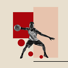 Image showing Modern design, contemporary art collage. Inspiration, idea, trendy urban magazine style. African basketball player on geometrical background