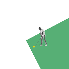 Image showing Modern design, contemporary art collage. Inspiration, idea, trendy urban magazine style. Male golf player with lemon instead ball on bicolored background