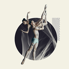 Image showing Modern design, contemporary art collage. Inspiration, idea, trendy urban magazine style. Ballet dancers with cloth in round on geometrical background