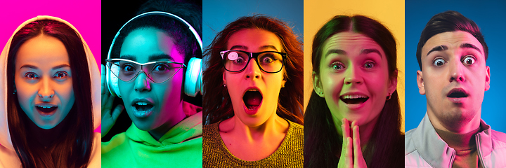 Image showing Portraits of group of people on multicolored background in neon light, collage.