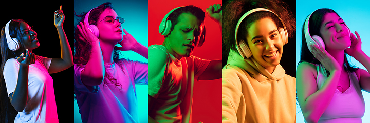 Image showing Portraits of group of people on multicolored background in neon light, collage.