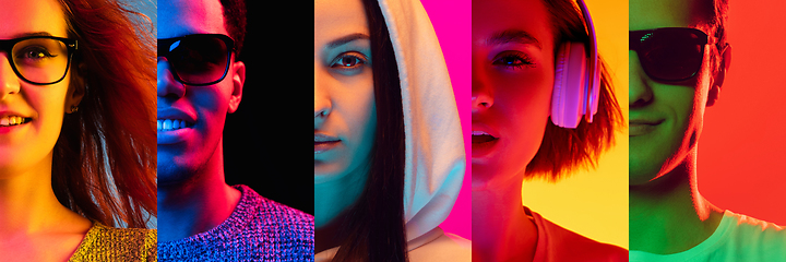 Image showing Portraits of group of people on multicolored background in neon light, collage.