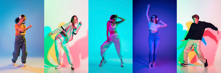 Image showing Portraits of group of people on multicolored background in neon light, collage.