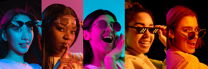 Image showing Portraits of group of people on multicolored background in neon light, collage.