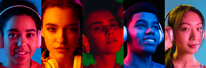 Image showing Portraits of group of people on multicolored background in neon light, collage.