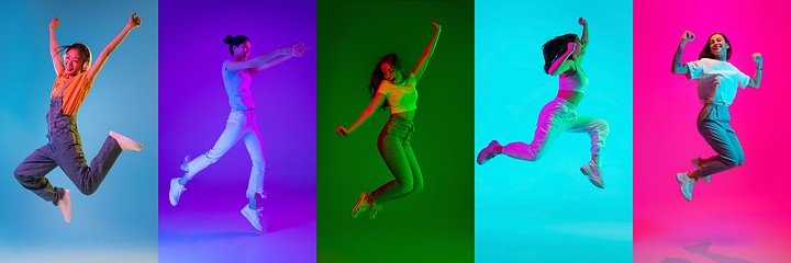 Image showing Portraits of group of people on multicolored background in neon light, collage.