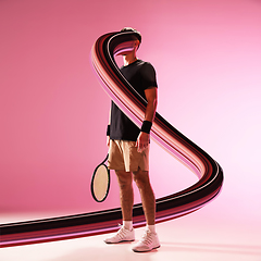 Image showing Fit tennis player with long fluid flood on gradient background. Negative space to insert your text. Modern design. Contemporary colorful and conceptual bright art collage.