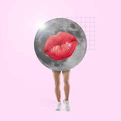 Image showing Modern design, contemporary art collage. Inspiration, idea, trendy urban magazine style. Big moon with female lips on pastel background