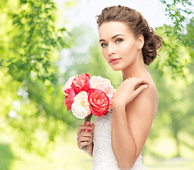 Image showing young woman or bride with bouquet of flowers