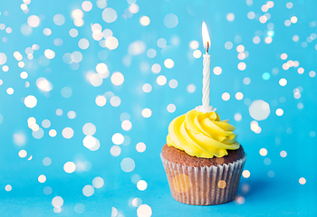 Image showing birthday cupcake with one burning candle